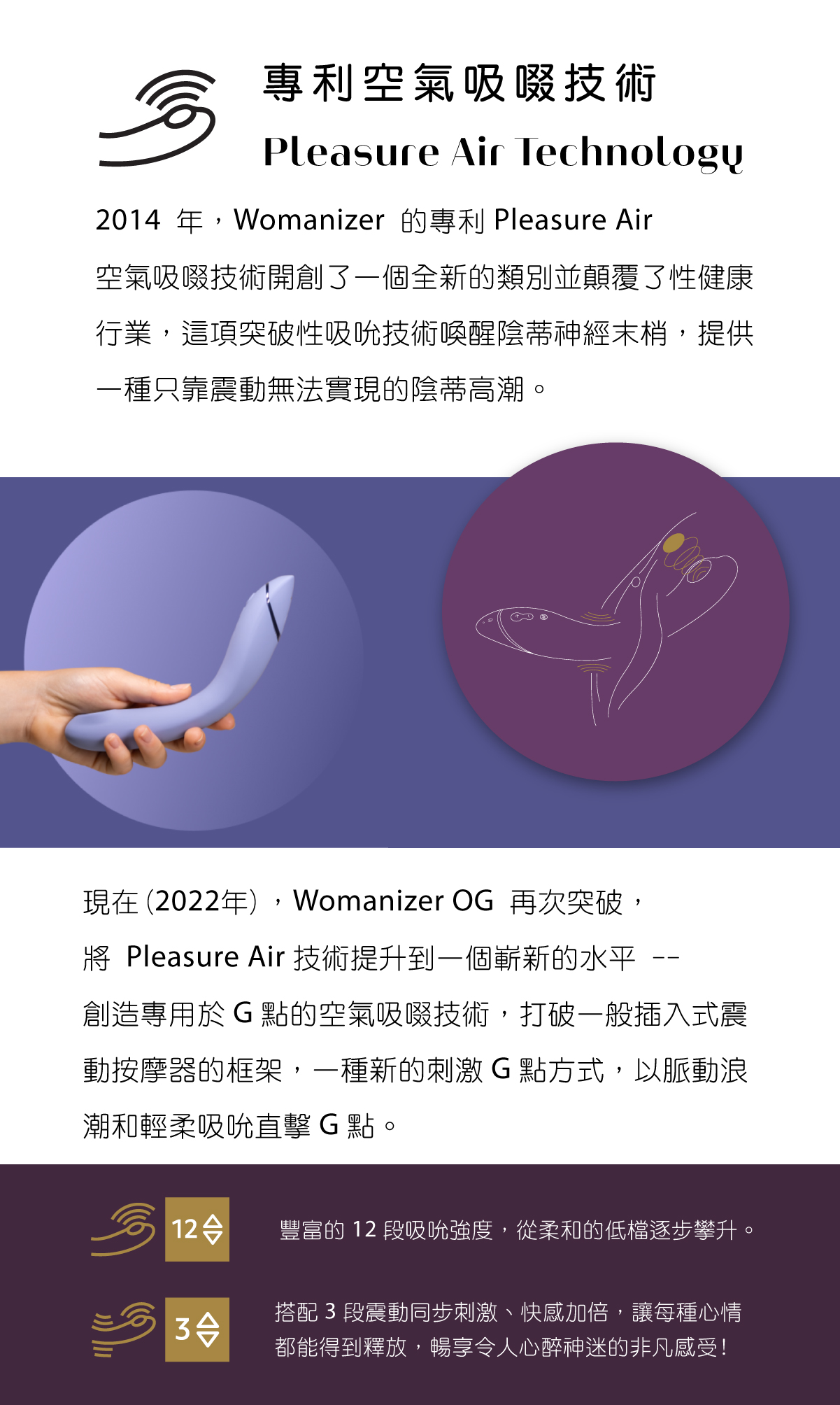 Womanizer OG G點吸吮震動器 專利吸吮技術及震動吸吮模式說明